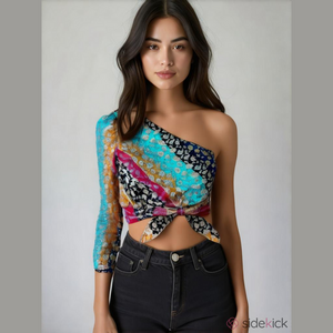 DO+BE Top Bubble Hem Floral Y2K Off Shoulder Long Sleeve Bow Detail Boho Crop